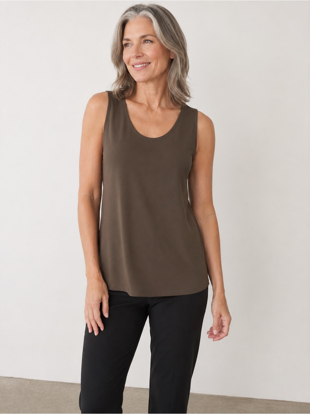 Sympli Go To Long Brown Sleeveless Tank Top Stretchy Slinky Tunic Size 10 Office